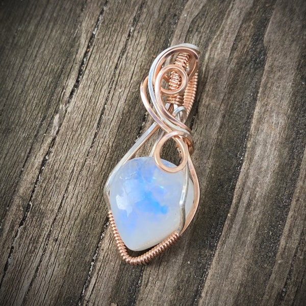Rainbow Moonstone Two tone Silver and Rose Gold Wire Wrapped Pendant