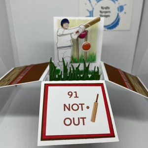 Handmade cricket theme personalised 3D popup box man male birthday card sport Father’s Day son brother Dad grandad 30 40 50 60 70 80 90