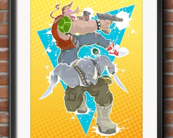 May include: A cartoon illustration of two characters from the Teenage Mutant Ninja Turtles franchise. The characters are Bebop and Rocksteady. Bebop is a humanoid pig wearing a red shirt, blue jeans, and a green shell. He is holding a gun and is in mid-air. Rocksteady is a humanoid rhinoceros wearing a green shirt, brown pants, and a brown belt. He is holding a knife and is also in mid-air. The background is a yellow and blue comic book style pattern.