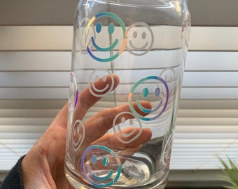 Smiley Face Beer Can Glass / Smiley Face Iced Coffee Glass / Holographic Smiley Face Glass / Smiley Face Cup / Holographic Iced Coffee Glass