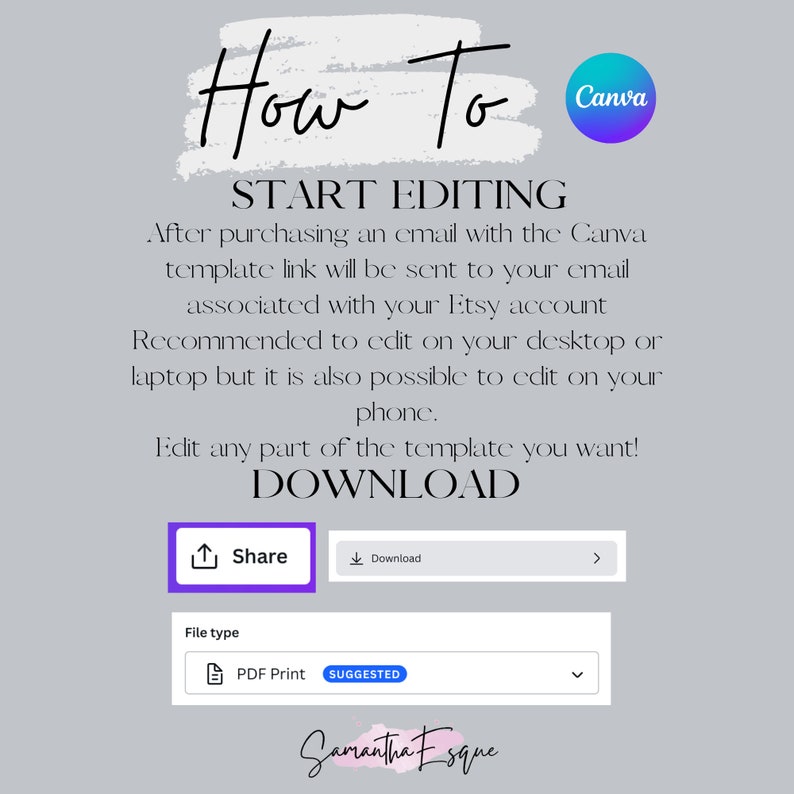 May include: A Canva template download page with instructions on how to edit and download the template. The text says "How To START EDITING After purchasing an email with the Canva template link will be sent to your email associated with your Etsy account Recommended to edit on your desktop or laptop but it is also possible to edit on your phone. Edit any part of the template you want! DOWNLOAD File type PDF Print SUGGESTED Samantha Esque"