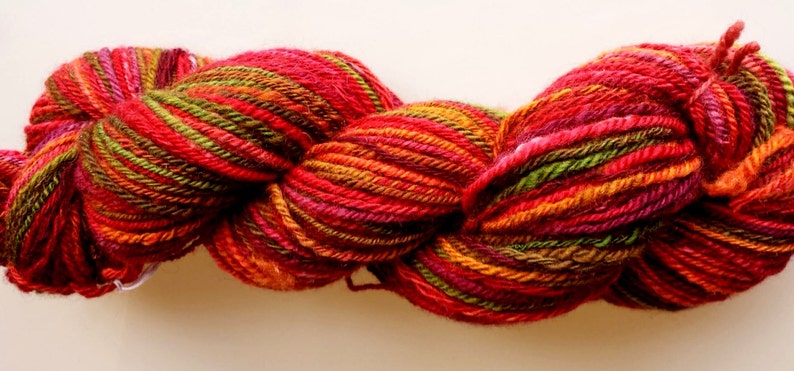 Red purple variegated green Blue Faced Leicester wool Hand Spun Yarn 3ply worsted--#114 Cottage Garden