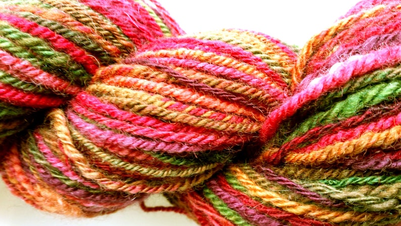 Red purple variegated green Blue Faced Leicester wool Hand Spun Yarn 3ply worsted--#114 Cottage Garden