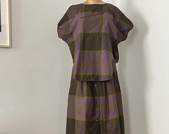 近日発売…ヴィンテージパープル＆グリーンのチェック柄トップスとお揃いのスカート M