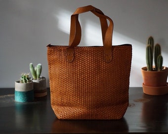 Cognac/Light Brown Leather Tote, Handwoven Leather Bag