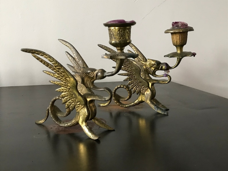 Vintage Brass Dragon Candle Holder/griffin Candlestick Holder Etsy
