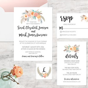 Printable Ranunculus Wedding Invitations, Flower Wedding Invitation Template INSTANT DOWNLOAD image 1