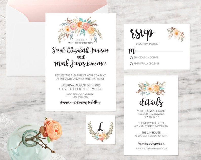 Printable Ranunculus Wedding Invitations, Flower Wedding Invitation Template INSTANT DOWNLOAD image 1