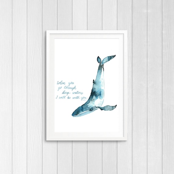 Whale watercolor art Isaiah 43:2 | Etsy