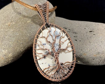 Tree of Life Pendant, Dendrite Agate Stone, Wire Wrap Necklace, Family Tree, Celtic Tree, White Stone, Copper, Natural, Earthy, Gift