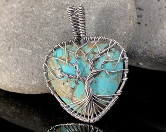 Heart Shaped Tree of Life  Sterling Silver Wire Wrapped Tree  Celtic Tree  Turquoise Heart Jewelry  Heart Pendant  Gift for Her