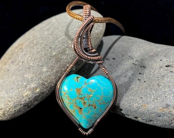 Heart-Shaped Stone Pendant, Wire Wrap Heart Necklace, Turquoise Heart, Copper Jewelry, Earthy, Natural, Love, Gift for Her, Gift for Mom