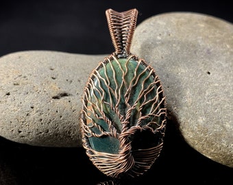 Wire Wrapped Tree of Life Pendant on Dark Green Ocean Jasper Stone