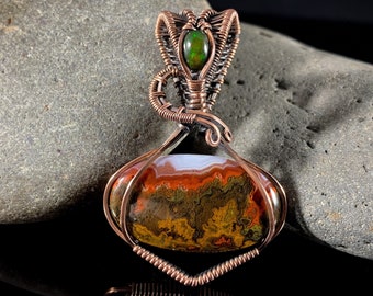 Moroccan Seam Agate with Opal Pendant Wire Wrap Copper Pendant Gift for Her Earthy Unique Jewelry Healing Stones