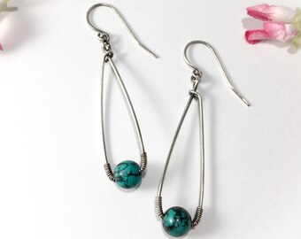 Sterling Silver Wire Wrap Earrings Turquoise Beads