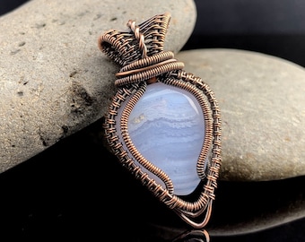 Wire Wrapped Blue Lace Agate Pendant Woven Wire Jewelry Copper Wire Wrap Gift for Her Healing Stone