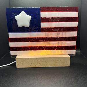Hand Crafted Fused Glass American Flag with Lighted Display Base