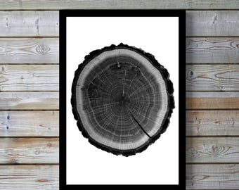 11x17 inches Log, Raw wood, ink blot, log rings, tree rings, Black & white, tree poster, tree art, stamp, log print, Tree print, Black,gifts
