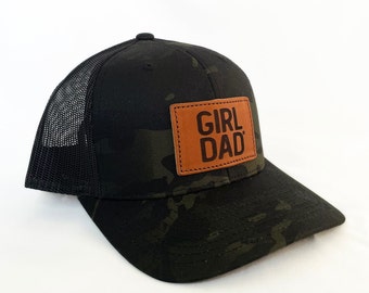 Girldad® Teak Leather Patch Trucker Hat, Black Camo Trucker Hat, Leather SnapBack Hat, Girl Dad, Girl Dad Gift, Dad of Girls, Gift for Dad