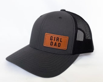 Girldad® Leather Patch Trucker Hat, Offset Charcoal/Black Trucker Hat, Leather SnapBack Hat, Girl Dad, Girl Dad Gift, Dad of Girls, Dad Gift
