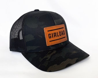 Girldad® Teak Leather Patch Trucker Hat Full Logo, Black Camo Trucker Hat, Leather SnapBack Hat, Girl Dad, Girl Dad Gift, Dad of Girls