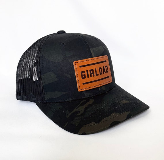 Girldad® Teak Leather Patch Trucker Hat Full Logo, Black Camo Trucker Hat, Leather SnapBack Hat, Girl Dad, Girl Dad Gift, Dad of Girls
