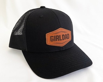 Girldad® Leather Patch Trucker Hat, Black/Black Trucker Hat, Leather SnapBack Hat, Girl Dad, Girl Dad Gift, Dad of Girls, Gift for Dad