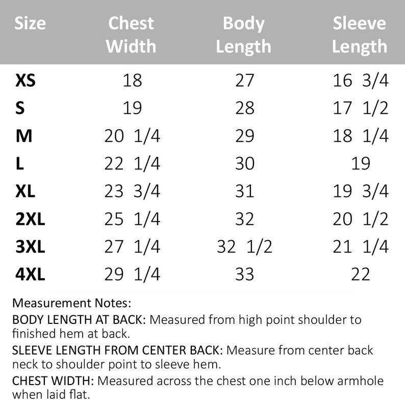 May include: Size chart for clothing with measurements in inches for chest width, body length, and sleeve length. Sizes include XS, S, M, L, XL, 2XL, 3XL, and 4XL.