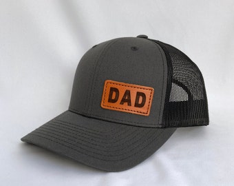 Dad Leather Patch Trucker Hat, Offset Charcoal/Black Trucker Hat, Real Leather SnapBack Hat, New Dad, Dad Gift, Dad of Girls Boys, Dad Gift