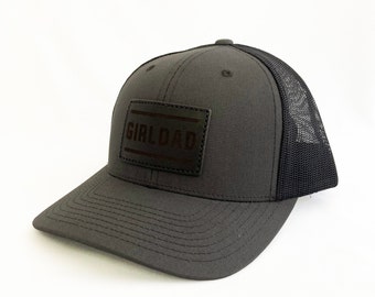Girldad® Charcoal & Black with Black Leather Full Logo Trucker Hat, Leather SnapBack Hat, Girl Dad, Girl Dad Gift, Dad of Girls, Gift Dad