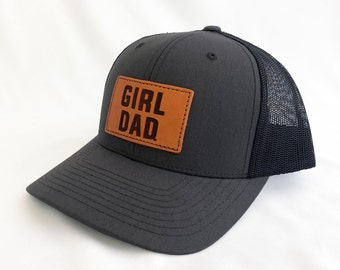 Girldad® Leather Patch Trucker Hat, Charcoal/Black Trucker Hat, Leather SnapBack Hat, Girl Dad, Girl Dad Gift, Dad of Girls, Gift for Dad