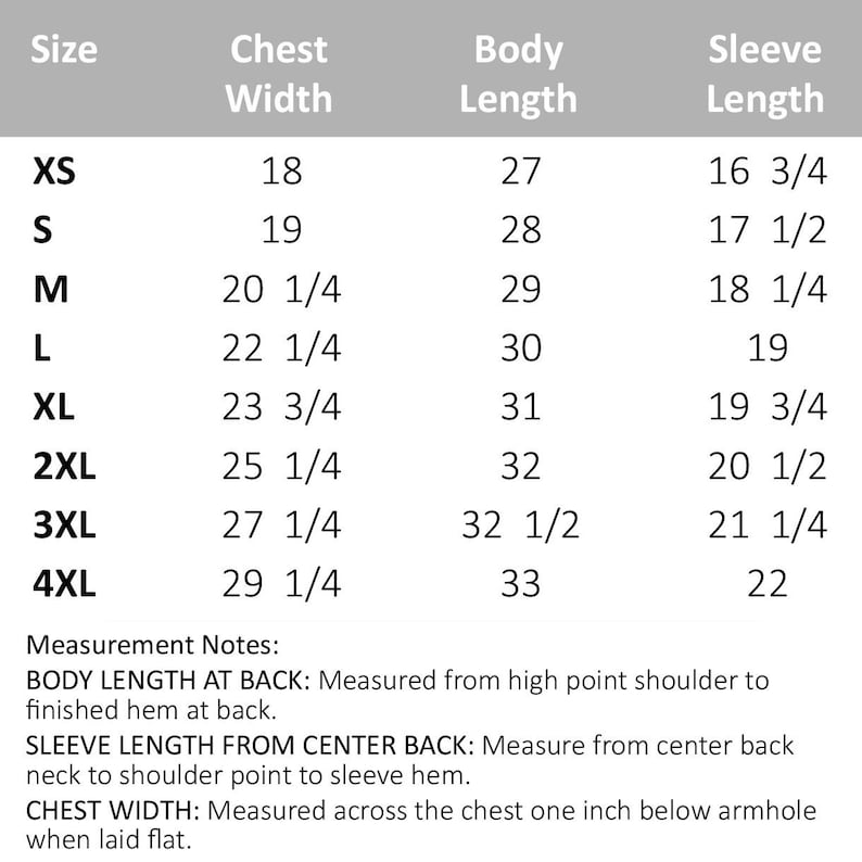 Puede incluir: Tabla de tallas para ropa con medidas en pulgadas para el ancho del pecho, la longitud del cuerpo y la longitud de la manga. Las tallas incluyen XS, S, M, L, XL, 2XL, 3XL y 4XL.