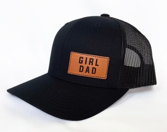 Girldad® Leather Patch Trucker Hat, Offset Black/Black Trucker Hat, Leather SnapBack Hat, Girl Dad, Girl Dad Gift, Dad of Girls, Dad Gift