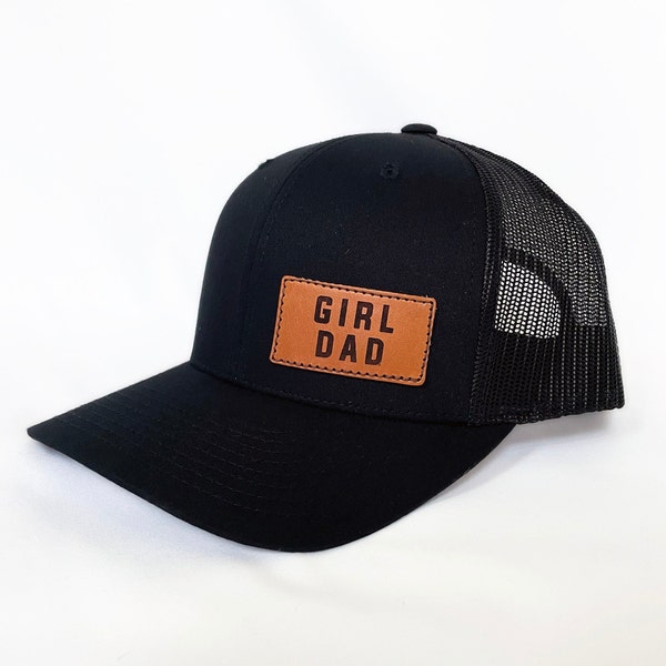 Girldad® Leather Patch Trucker Hat, Offset Black/Black Trucker Hat, Leather SnapBack Hat, Girl Dad, Girl Dad Gift, Dad of Girls, Dad Gift