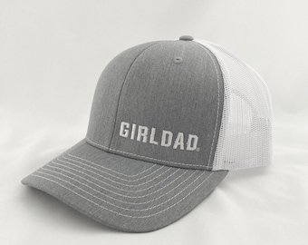 Girldad® Embroidered Trucker Hat, Grey & White with Offset Logo, Embroidered SnapBack Hat, Girl Dad, Girl Dad Gift, Dad of Girls