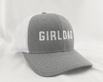 Girldad® Embroidered Trucker Hat, Grey & White with Full Logo, Embroidered SnapBack Hat, Girl Dad, Girl Dad Gift, Dad of Girls