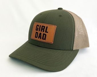 Girldad® Leather Patch Trucker Hat, Olive/Khaki Trucker Hat, Leather SnapBack Hat, Girl Dad, Girl Dad Gift, Dad of Girls, Gift for Dad