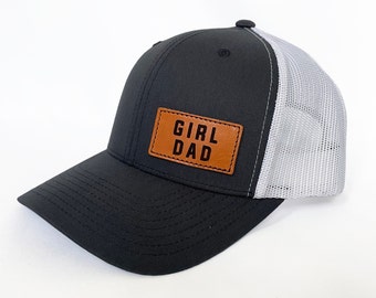 Girldad® Leather Patch Trucker Hat, Offset Charcoal/White Trucker Hat, Leather SnapBack Hat, Girl Dad, Girl Dad Gift, Dad of Girls, Dad Gift