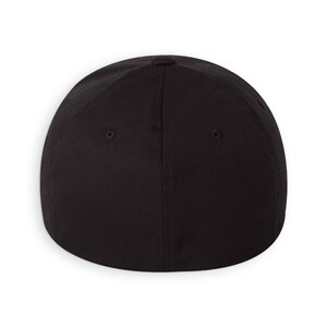 May include: A black fitted baseball cap with a flat brim.