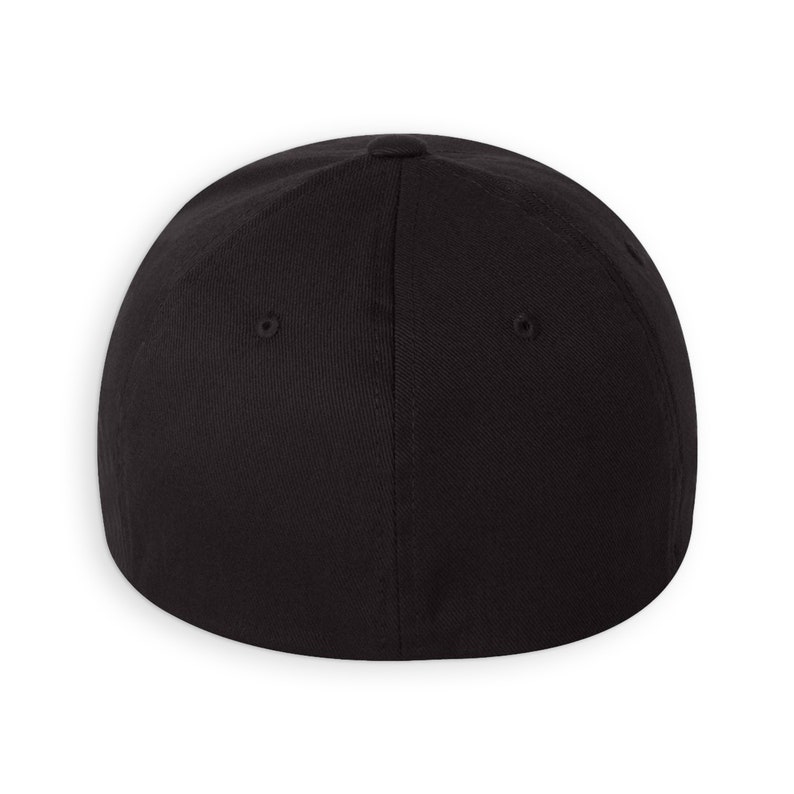 May include: A black fitted baseball cap with a flat brim.