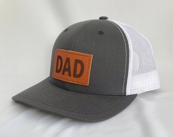 Dad Leather Patch Trucker Hat, Charcoal/White Trucker Hat, Leather SnapBack Hat, Dad, Dad Gift, Dad of Both, dad of girls and boys