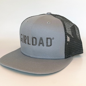 Girldad® Embroidered Trucker Hat, Steel Grey Trucker Hat, Full Logo, Flat Bill Snap Back Hat, Girl Dad, Girl Dad Gift, Dad of Girls, GiftDad