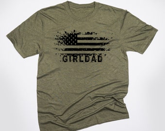 Girldad® USA Distressed Flag Military Green Tee, Patriotic, American, Army, Military, Veteran, men's Tee, Girl Dad, Girl Dad Gift, July 4