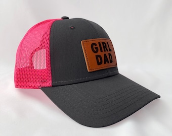 Girldad® Leather Patch Trucker Hat, Charcoal Neon Pink Trucker Hat, Leather SnapBack Hat, Girl Dad, Girl Dad Gift, Dad of Girls, Gift Dad