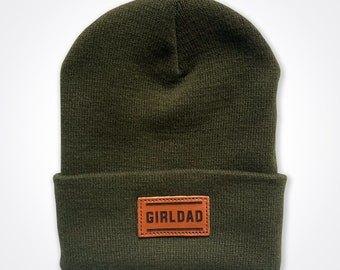 Girldad® Leather Patch Beanie In Olive, Classic Winter Hat, Girl Dad, Girl Dad Gift, Dad of Girls