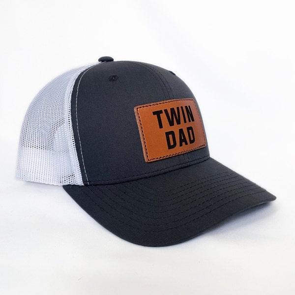 Twin Dad Charcoal White Leather Patch Trucker Hat, Trucker Hat, Leather SnapBack Hat, Twin Dad, Girl Boy Dad Gift, Dad of Twins, Twin Gift