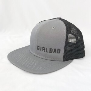 Girldad® Embroidered Trucker Hat, Steel Grey Trucker Hat, Flat Bill Snap Back Hat, Girl Dad, Girl Dad Gift, Dad of Girls, Gift for Dad