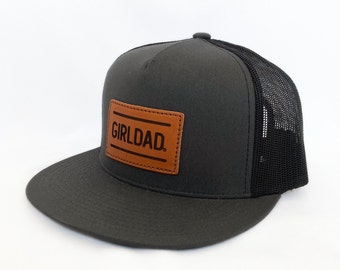 Girldad® Leather Patch Flat Bill Trucker Hat, Charcoal/Black Trucker Hat, Leather SnapBack Hat, Girl Dad, Girl Dad Gift, Dad of Girls