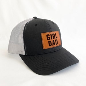 Girldad® Leather Patch Trucker Hat, Charcoal/White Trucker Hat, Leather SnapBack Hat, Girl Dad, Girl Dad Gift, Dad of Girls, Gift for Dad