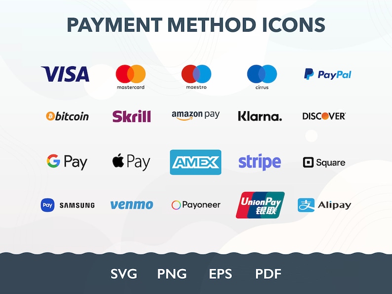 Pu&ograve; includere: Una collezione di icone di metodi di pagamento, tra cui VISA, Mastercard, Maestro, Cirrus, PayPal, Bitcoin, Skrill, Amazon Pay, Klarna, Discover, Google Pay, Apple Pay, AMEX, Stripe, Square, Samsung Pay, Venmo, Payoneer, UnionPay e Alipay.